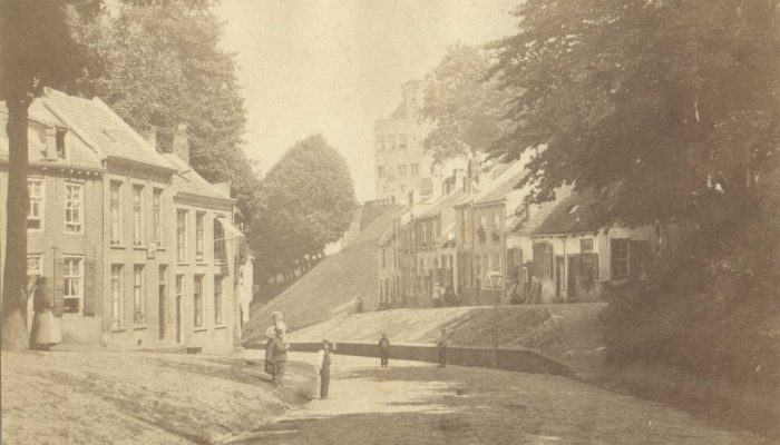 Rechtsboven de Belvédère. Rechts woningen op het St. Geertruidsbergje (de panden werden gesloopt tussen 1894 en 1898). 1875